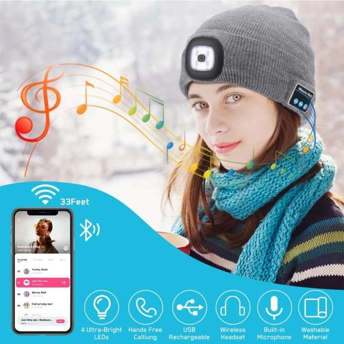 Bonnet à LED Bluetooth avec lumière, Musique Rechargeable Chapeau 4 LED Lampe  frontale étanche Chapeau en tricot chaud d'hiver- Gris - Cdiscount  Prêt-à-Porter