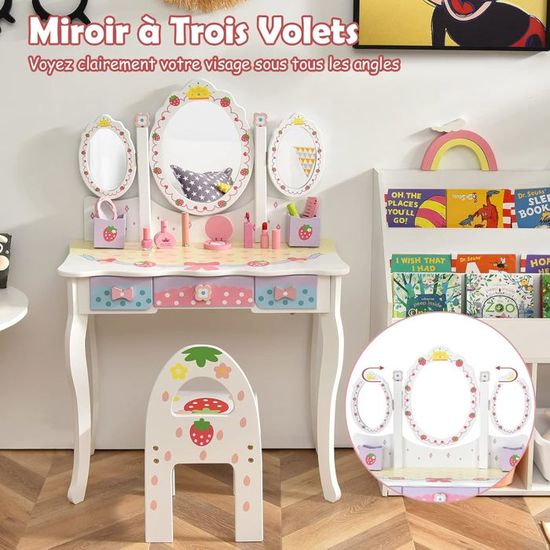 Coiffeuse Enfant Fille Avec Chaise Et Miroir Lumineux - Bureau Avec étagères, Tiroir, Style Princesse