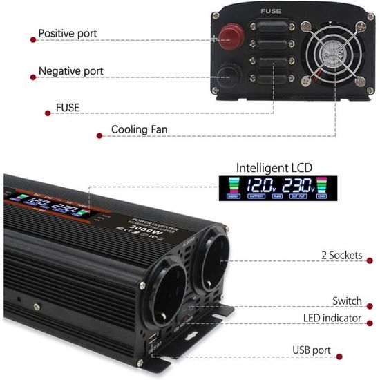 Inversor 12V A 220V Yinleader - 900W, 2 USB, Pantalla LCD, Para Coche Y Camping