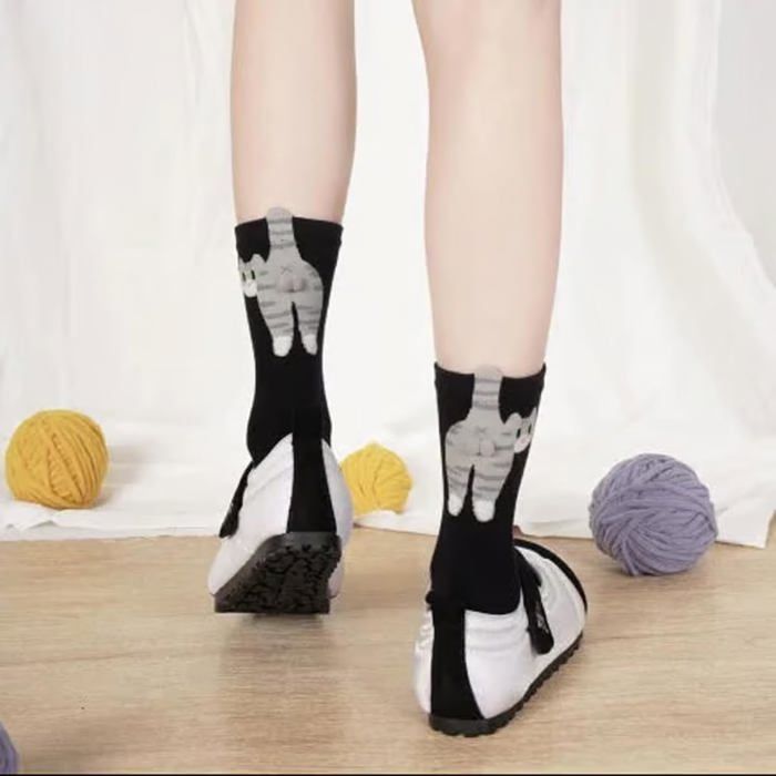 Lot De 2 Paires Chaussettes Chat Avec Pompons - Coton Doux, Tailles 35-42 - Design Mignon Et Rigolo - Pour Femme
