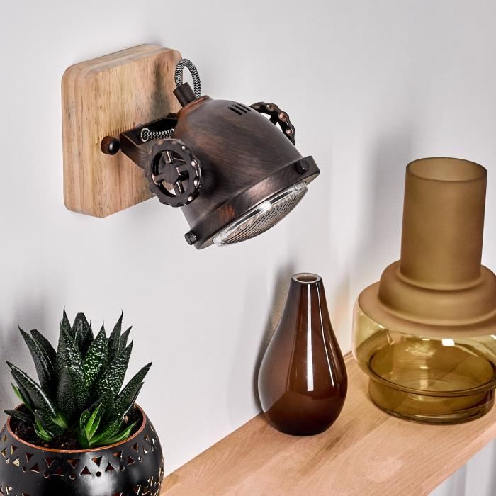Applique Murale Herford Rétro-Industrielle – Bois, Verre Et Métal Cuivré, Spot Pivotant GU10, Style Vintage Pour Salon Ou Chambre