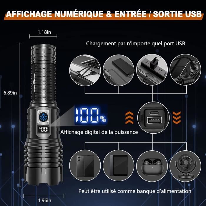 Lampe Torche Led Ultra Puissante, 20000 Lumens Lampe De Poche, Xhm77.2 Rechargeable Usb, Ip67