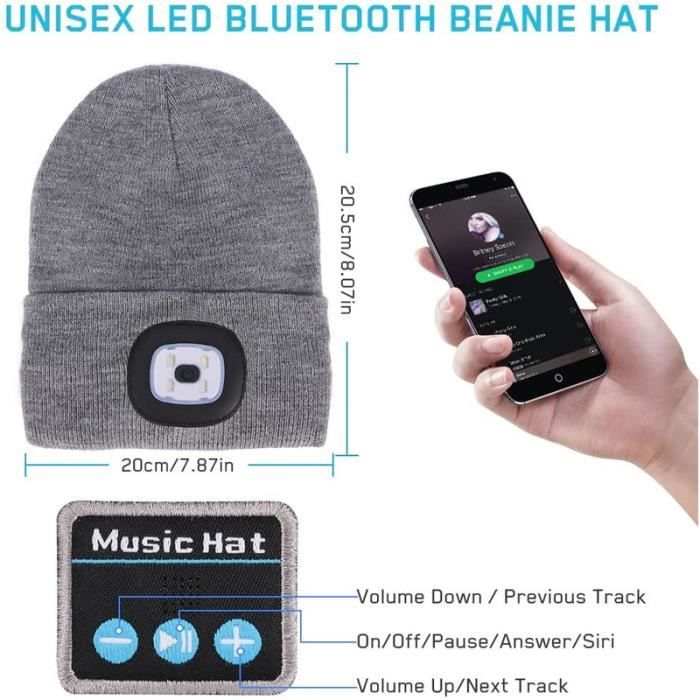 ATNKE Unisexe LED Bluetooth Bonnet Lampe Frontale,USB Rechargeable 4 LED  Musique Parleur Chapeau de Course Lumière Chaud Polaire Doublée Tricot  Bonnet Cadeaux pour Hommes et Femmes/Blue : : Mode