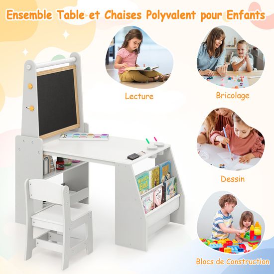 Table Avec Chaise Enfant GOPLUS 4 En 1 Réglable - Surface Tableau Blanc Inclinable, Hauteur Ajustable, En HDPE - Bureau De Dessin, Jeu Et étude (Gris)
