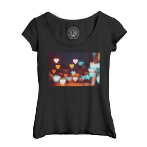 T-SHIRT T-shirt Femme Col Echancré Noir Lumières Floues de villes en Forme de Coeurs