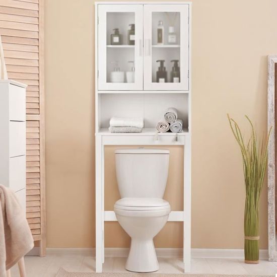 COSTWAY Meuble WC au-Dessus des Toilettes, Étagère de Rangement de Salle de  Bain Hauteur Réglable, Design Anti-Basculement, Placard à 2 Portes avec  Verre Trempé, Blanc : : Cuisine et maison