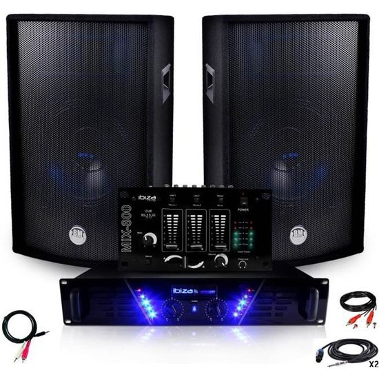 Pack Sono Ampli AMP-300 + HP BMS-12 de 2x600W Table de mix + Câbles