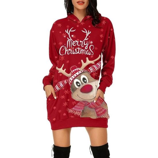Robe De Noël Femme Manches Longues - Imprimé Festif, Col Rond, Mini Robe Cocktail Pour Soirée Et Fêtes