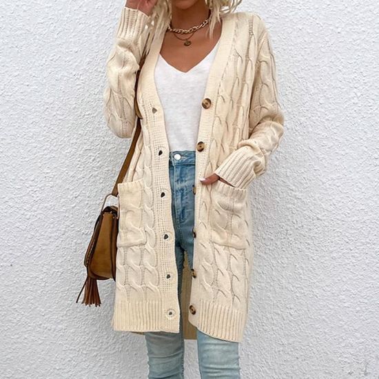 Gilet Femme En Cachemire Léger - Col V, Boutonné Devant - Longueur Mi-cuisse - Pour Automne/hiver - Taille Grande Disponible - 10