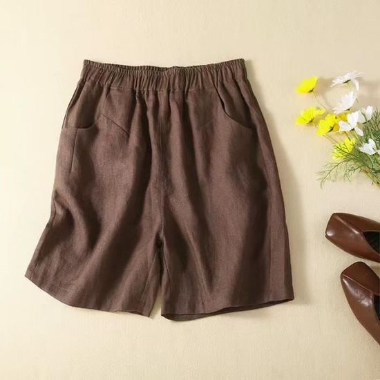 Short droit ample en lin pour femme grande taille Marron