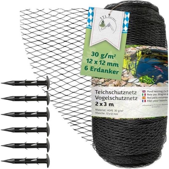 TTL Garden Filet De Protection Contre Les Oiseaux Pour Bassin, 6 X 10 M, Noir, 30 G/m² – 12 X 12 Mm à Mailles Serrées, En Polyéthylène Haute Densité – Filet De