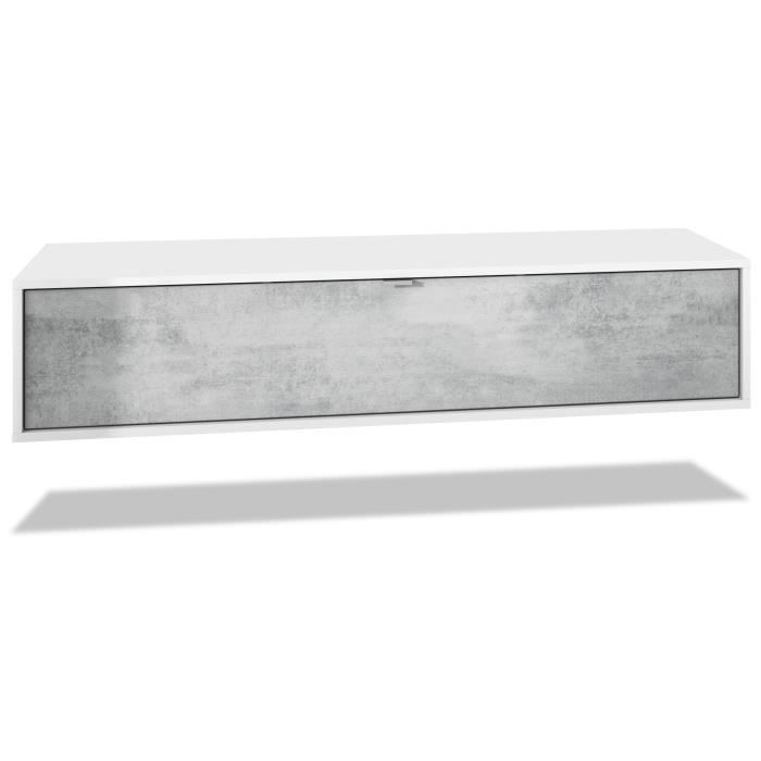 Vladon Meuble TV Lana 140 armoire murale lowboard 140 x 29 x 37 cm caisson en Noir mat façades en Aspect Béton Oxyde