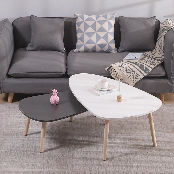 HEk Lot de 2 Tables Basses gigognes laquées PM Gris GM Blanc scandinave