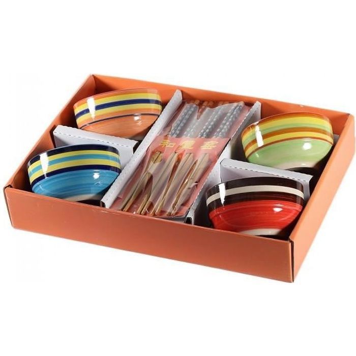 COFFRET BOLS à RIZ et BAGUETTES - Design Asiatique Zen - Pour 4 personnes