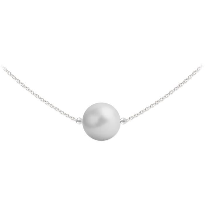Collier Ras de Cou Argent 925 Perle Ronde 10mm Swarovski Element - Pastel Grey