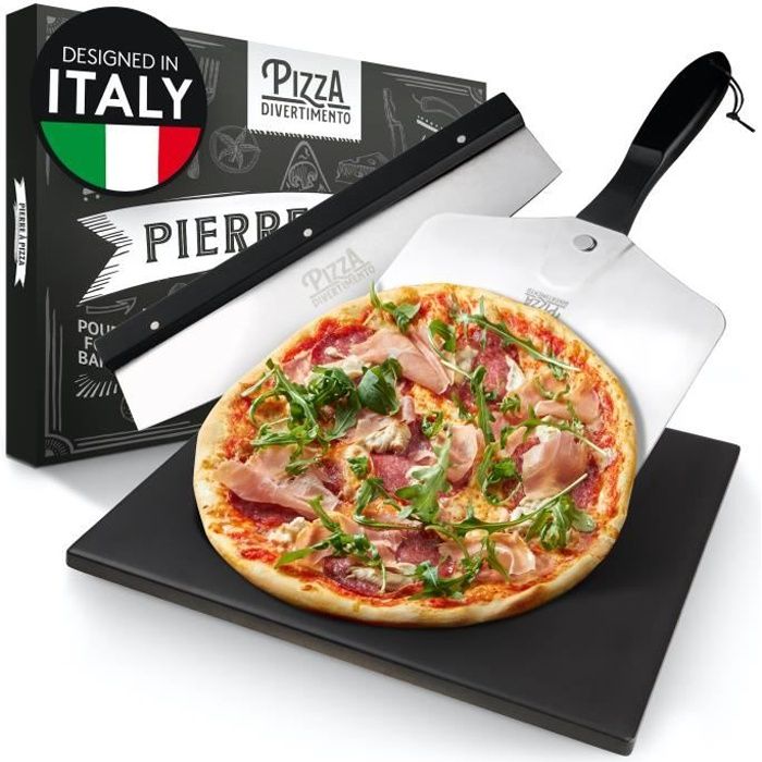 Pizza Divertimento - Pierre à Pizza pour Four et Gril à gaz - avec Curseur et Coupe-Pizza - Pierre à Pizza en cordiérite