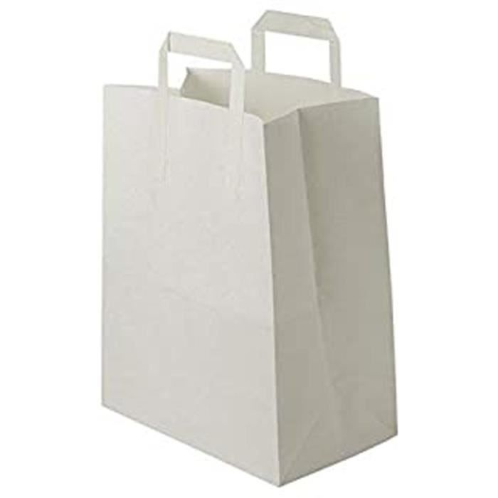 100 Sacs Kraft Blanc À Poignées Plates 6 Litres : 28 Cm Haut X 22 Large X 10 Cm Soufflet Un Petit Cabas Boutique Élégant Et Solide E