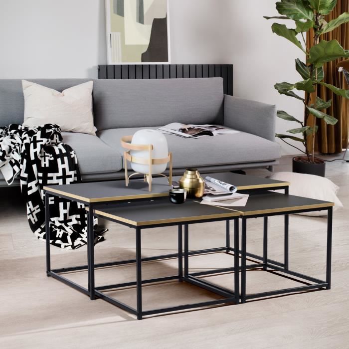 3 Tables basses rectangulaires gigognes en boir et métal noir design industriel