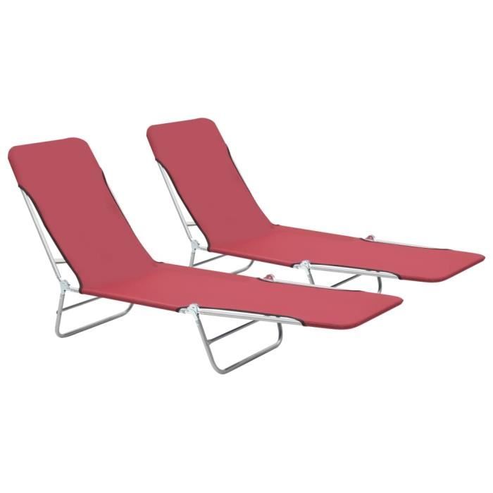 2 Chaises longues pliables-Transat Jardin pliant extérieur Camping Acier et tissu Rouge