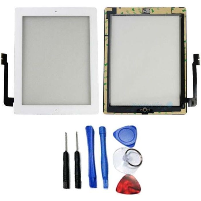 Vitre tactile iPad 4 Blanc A1460 Wifi 3G + Bouton Nappe Home + Joint + Adhésif Pré installé + Outils