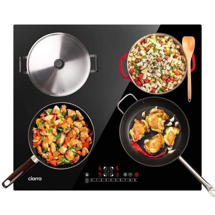 CIARRA Plaque Induction Encastrable - 4 Foyers - 7200W - 4 Boosters - Minuteur - Sécurité enfants - L 59 * P 52 - Vitrocéramique