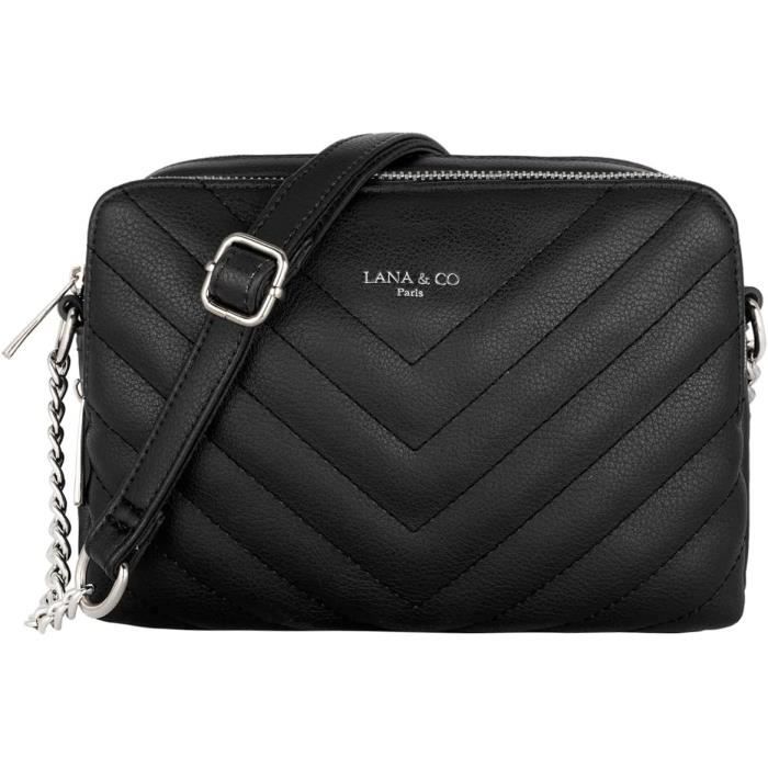 CRAZYCHIC - Sac Bandoulière Matelassé Simili Cuir Femme - Sacoche Chaîne Porté Epaule - Besace Rectangle Zip Mode Soirée - Noir