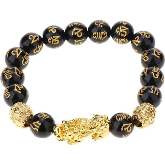 Bracelet pixiu doré perle mantra six mots obsidienne 12mm