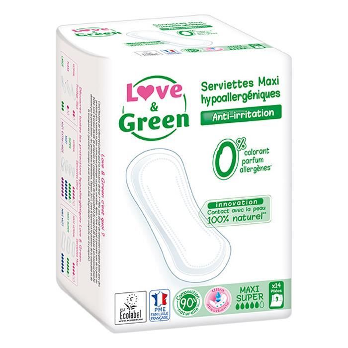 LOVE AND GREEN Serviettes écolabellisées et hypoallergéniques MAXI super x14 - Sans ailettes