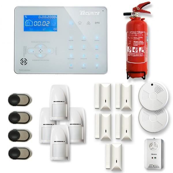 Alarme maison sans fil ICE-B 4 à 5 pièces mouvement + intrusion + détecteur de fumée + gaz + extincteur - Compatible Box internet