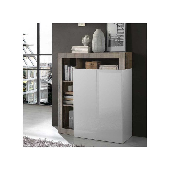 Meuble d'entrée 2 portes Blanc laqué brillant/Bois fumé - ISCHIA - L 108 x l 42 x H 127