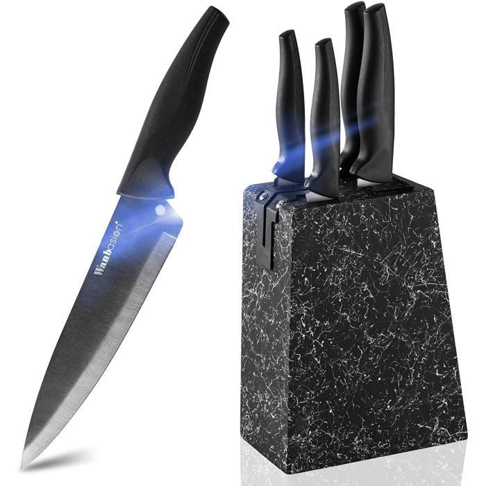 Wanbasion Noir Set Couteaux de Cuisine avec Bloc en Bois, Set Couteaux de Cuisine en Acier Inoxydable, Bloc Couteaux Cuisine