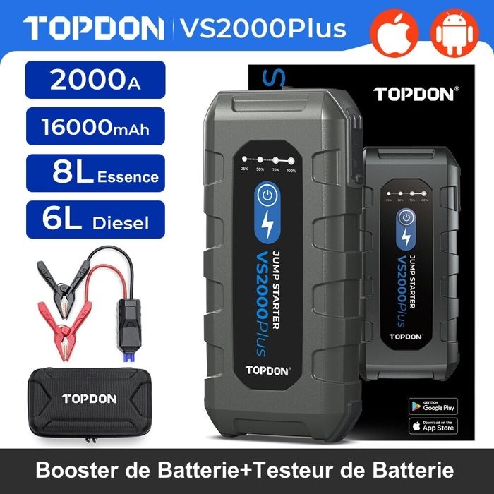 TOPDON VS2000Plus Booster de Batterie et Testeur de Batterie AUTO 2000Amp 16000mAh pour Les Autos jusqu'à 8L Diesel et 6L