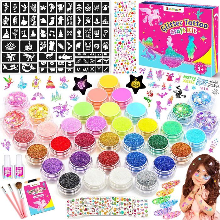 Kit Tatouage Enfant Paillettes - 6 Stylos, 11 Pochoirs, 6 Feuilles Autocollants Gemmes - Non Toxique, Imperméable - Pour Fêtes, Anniversaire, Carnaval, Halloween