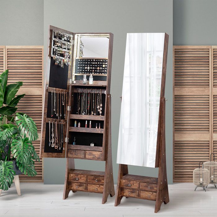 COSTWAY Armoire à Bijoux sur Pied avec Miroir et Lumières LED Intégrées Étagère de Maquillage Pliable Angles Réglables Brun COSTWAY Armoire à Bijoux sur Pied avec Miroir et Lumières LED Intégrées Étagère de Maquillage Pliable Angles Réglables Brun