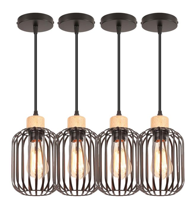 Lustre Industriel - IDEGU - Lot de 4 - Métal et Bois - Noir - E27 60W