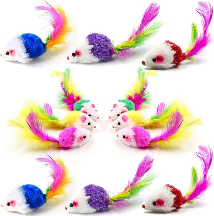 Comparer les prix de 12 Pièces Souris Jouet Chat Interieur avec Hochet Sons, 5 Variétés de Couleurs Chaton Jouet Souris Plumes Pet Jouet Jeux Chats pour