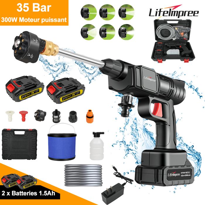 Nettoyeur Haute Pression Sans Fil 25 Bar - 2 Batteries - Buse 6 En 1 - Tuyau 5 M - Pour Voiture & Jardin