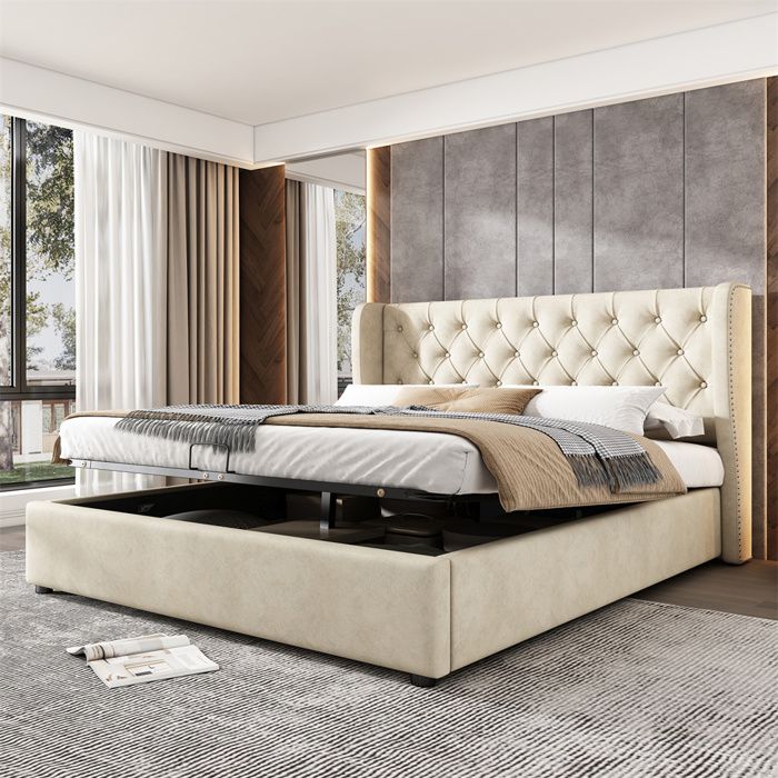 Lit coffre - SEA WALL - Chesterfield - 180x200 cm - Velours beige - Rangement hydraulique