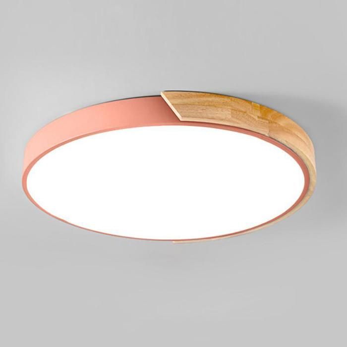 WOTTES Plafonnier en Bois Rond - LED Plafond Luminaire Moderne Pour Salon Chambre Couloir Cuisine - 30*30CM - Rose - Blanc Froid
