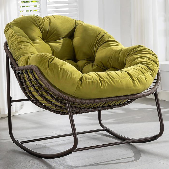 Fauteuil à Bascule Surdimensionné FANTASK – Pour Intérieur Et Extérieur – Dimensions 98x98x87 Cm – Charge Max 150 Kg – Rotin Synthétique, Coussin épais – Noir/gris