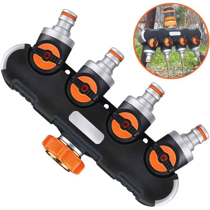 Diviseur Tuyau D'arrosage 4 Voies - Avec Vannes Individuelles - Compatible Robinet 3/4" Et 1/2" - Vert