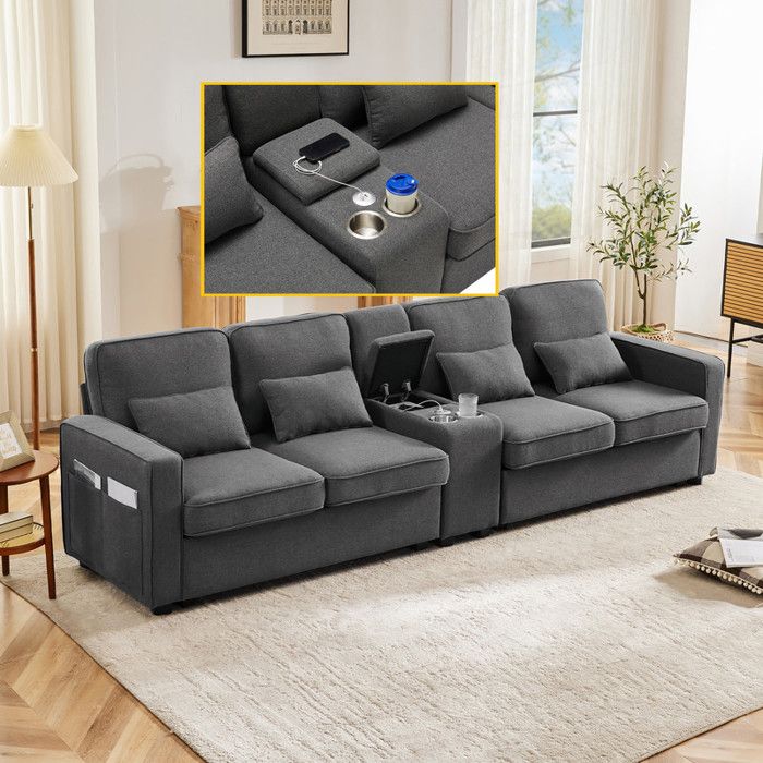 Canapé 4 Places - Lin - Console avec USB - 4 Coussins - Rangement Intégré - Gris Foncé