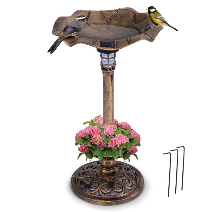 Comparer les prix de COSTWAY Mangeoire à Oiseaux sur Piédestal Extérieur Lumières Solaires LED Bol en Feuille de Lotus et Jardinière Bronze antique