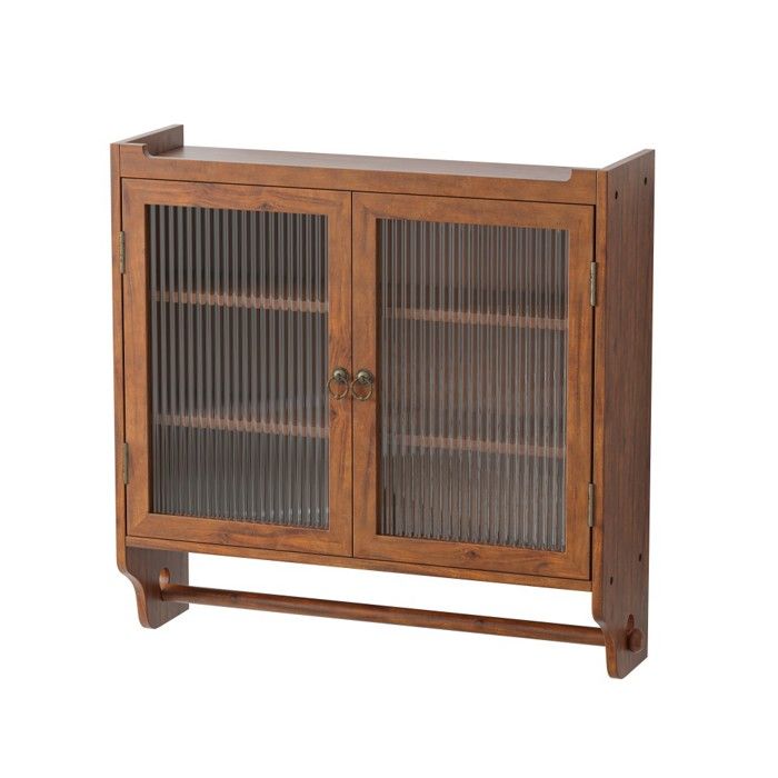Buffet Armoire murale vintage 2 portes vitrées 63cm - 3 niveaux + porte-serviettes - Salle de bain/cuisine/salle à manger - Marron