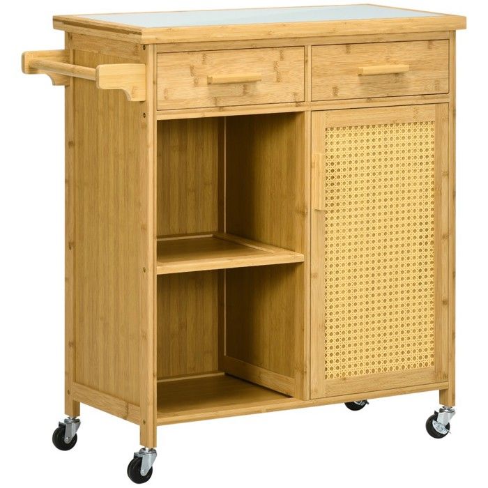 Desserte cuisine en bambou naturel avec tiroir rangement étagères ouvertes porte-serviettes et plan de travail Desserte cuisine en bambou naturel avec tiroir rangement étagères ouvertes porte-serviettes et plan de travail