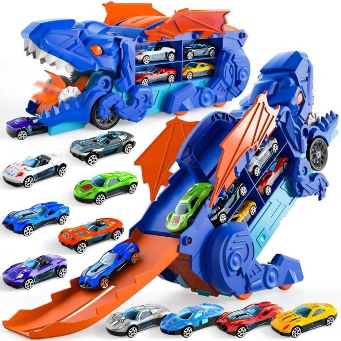Camion - KUKUFUN - Transporteur pliant Dinosaure - 2 niveaux - 10 voitures moulées - Bleu 3+ ans
