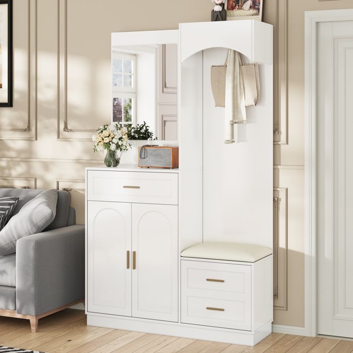 Ensemble vestiaire dentrée 110x33x185.5 cm - Meuble à chaussures et banc à chaussures - Miroir et tringle à vêtements - Blanc