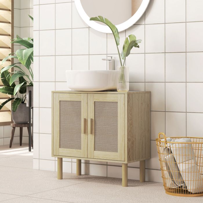 Meuble salle de bain sous lavabo meuble sous lavabo portes en rotin pieds bois de pin 2 niveaux 60 x 30 x 60 cm chêne