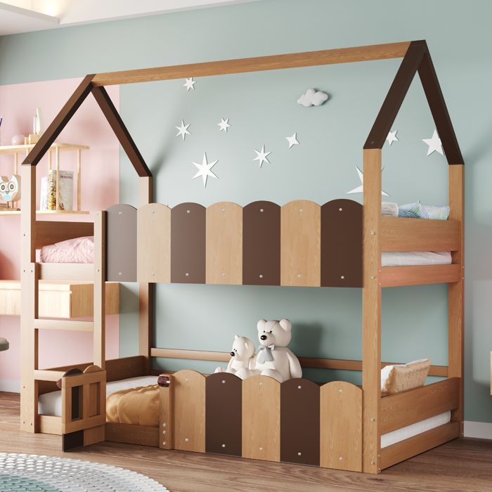 Lit superposé cabane enfant - MERAX - 90x200 cm - Bois massif - Sommier à lattes - Échelle frontale Lit superposé cabane enfant - MERAX - 90x200 cm - Bois massif - Sommier à lattes - Échelle frontale