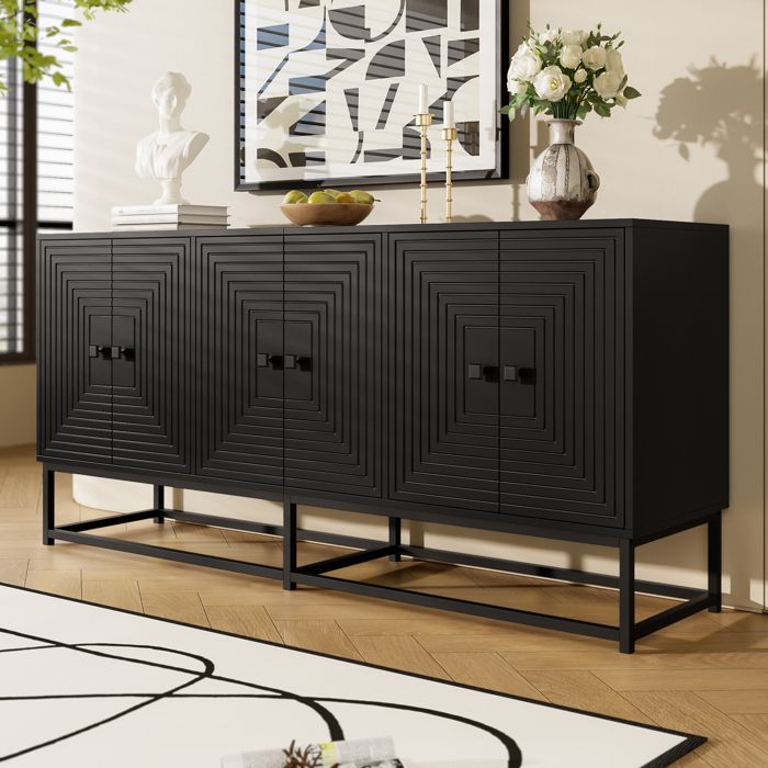 Buffet moderne - MODERNLUXE - 160x38x75 5 cm - 6 portes - Grand espace de rangement - Finition mate - Noir et doré